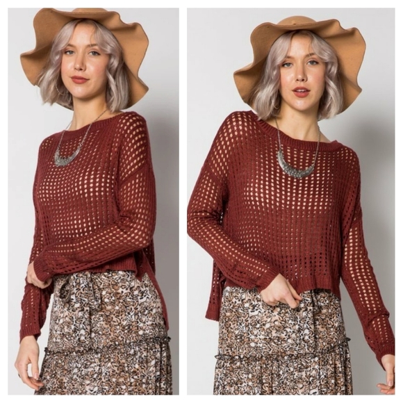 Mahogany Lattice Open Knit Hi-Lo Side Slit Sweater - Picture 2 of 6